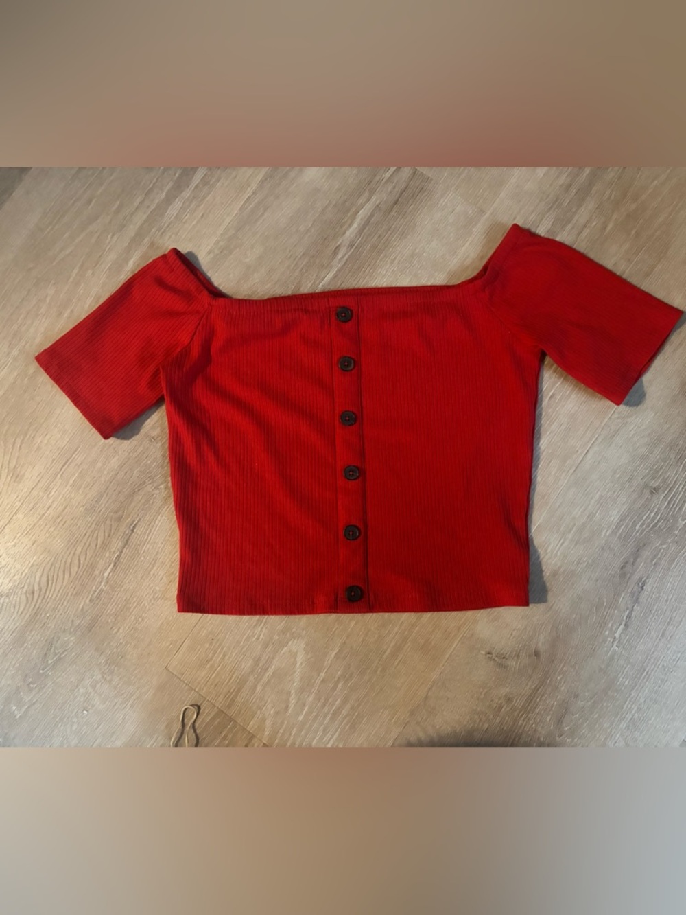 Express Red Ribbed Off-Shoulder Button Crop Top